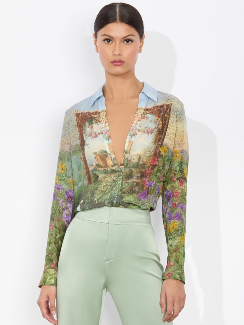 Floral Scenic Print Silk Blouse - Green